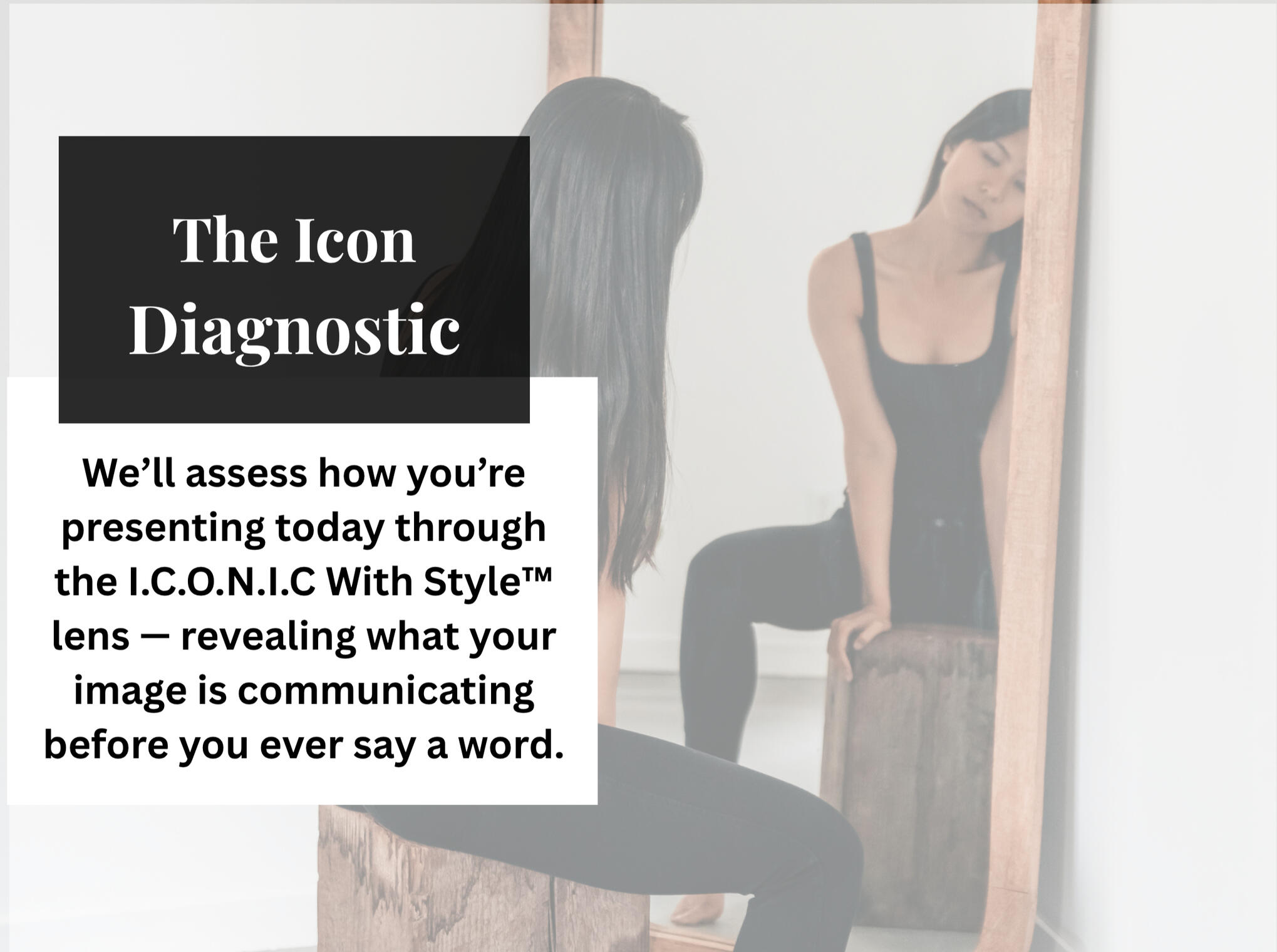 the-icon-diagnostic-offer-jpg Woman studying her reflection in a full-length mirror, representing image awareness and self-perception.