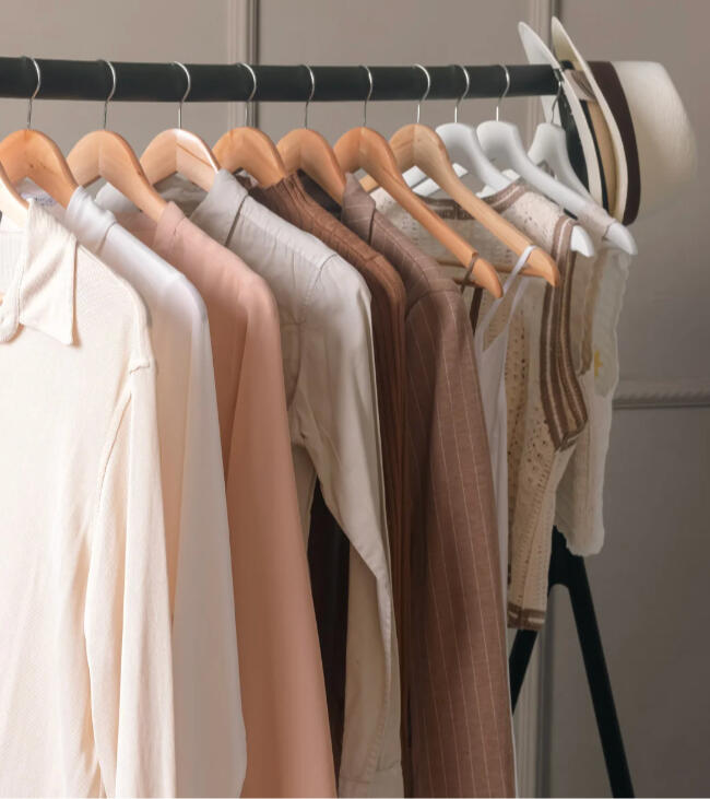 iconically-ready-neutral-wardrobe-hangers.jpg Neutral-toned wardrobe on wooden hangers representing the Iconically Ready styling experience.