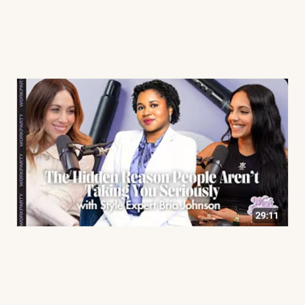 Workparty — Podcast Feature Promotional graphic for a WorkParty podcast episode featuring Bria Johnson alongside hosts Jaclyn Johnson and Marina Middleton. The image shows Bria Johnson centered in a light blue blazer, with the episode title “The Hidden Reason People Aren’t Taking You