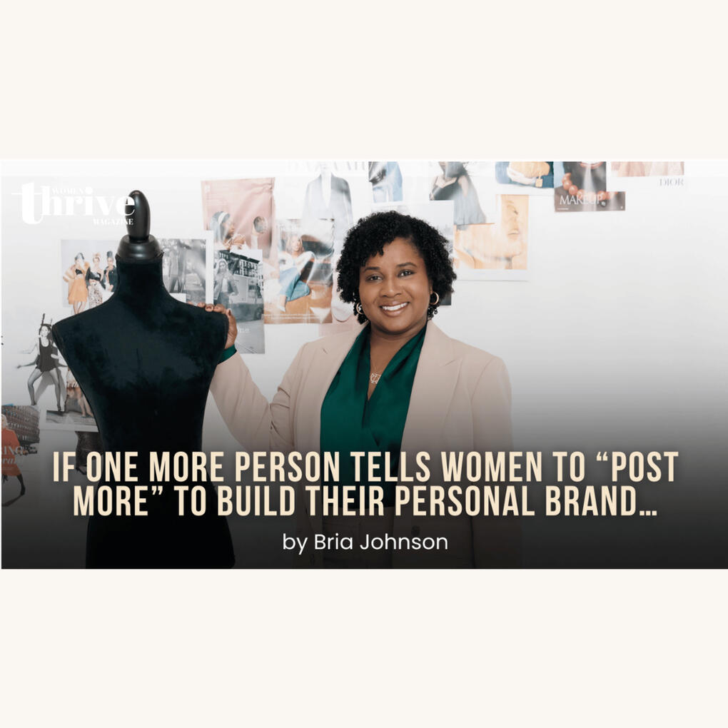 I'm Too Busy TV Podcast Feature Bria Johnson smiling, wearing a beige blazer and green blouse, photographed against a tan background with the text “Authentic Style for New Beginnings.”