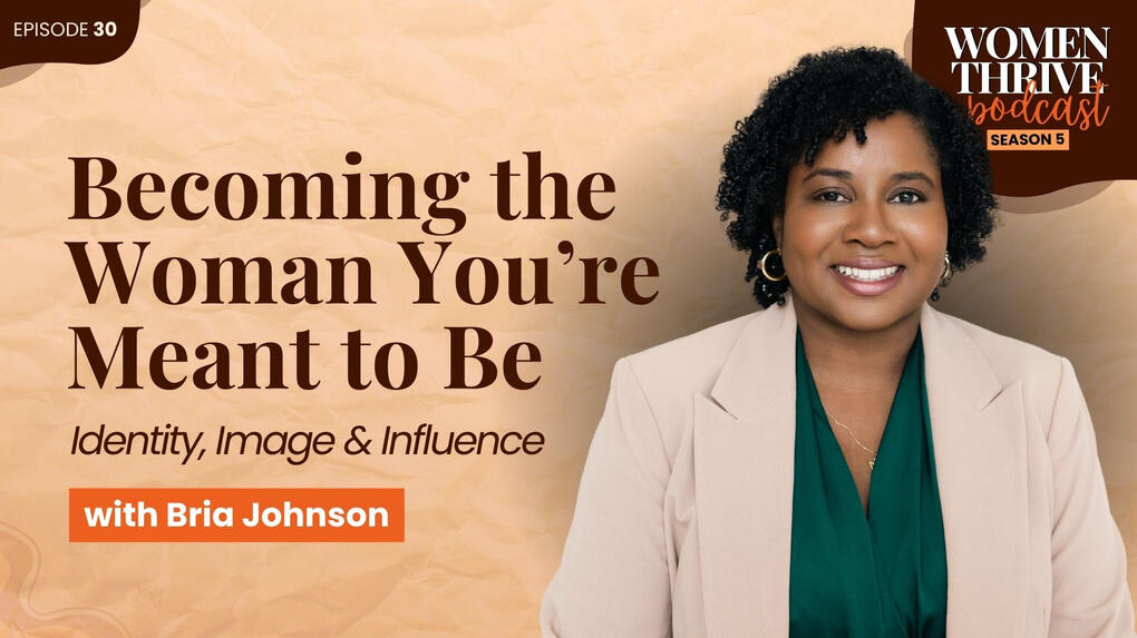Bria Johnson smiling, wearing a beige blazer and green blouse, photographed against a tan background with the text “Authentic Style for New Beginnings.”