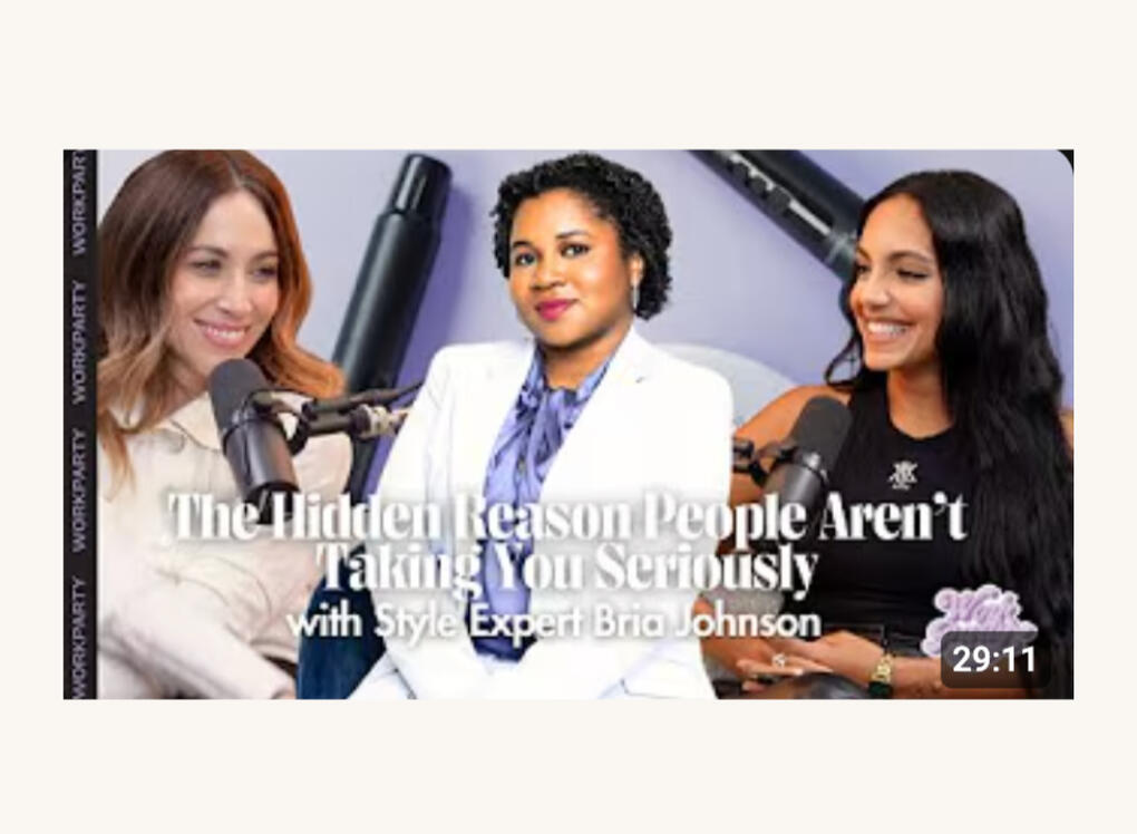 Workparty — Podcast Feature Promotional graphic for a WorkParty podcast episode featuring Bria Johnson alongside hosts Jaclyn Johnson and Marina Middleton. The image shows Bria Johnson centered in a light blue blazer, with the episode title “The Hidden Reason People Aren’t Taking You