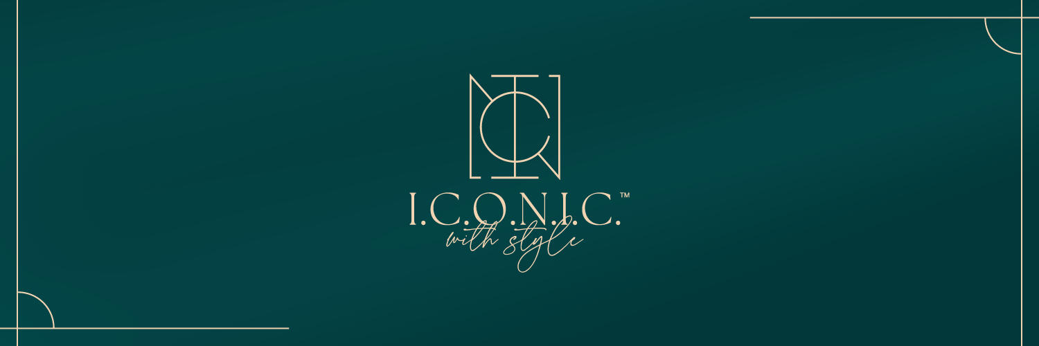 I.C.O.N.I.C With Style brand header card with deep teal background and gold frame accents.