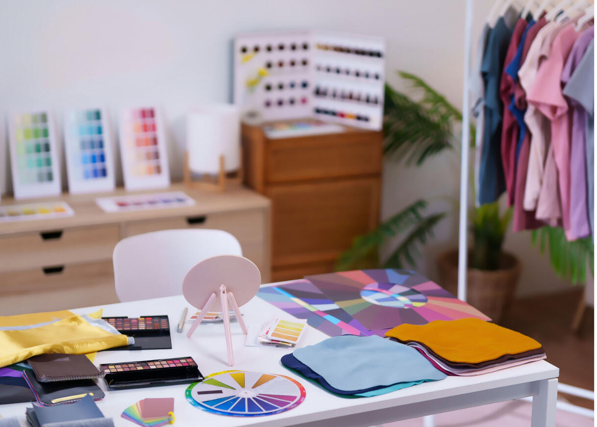 Professional color analysis tools, fabric swatches, and color wheels arranged for a personal color assessment.